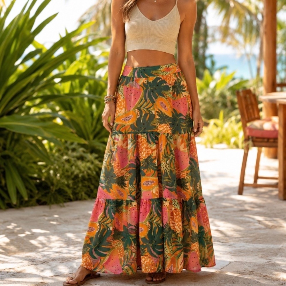 Papaya Tropical Fruit Print Maxi Skirt S My Danielle Tiered Ruffle Lined Flowy